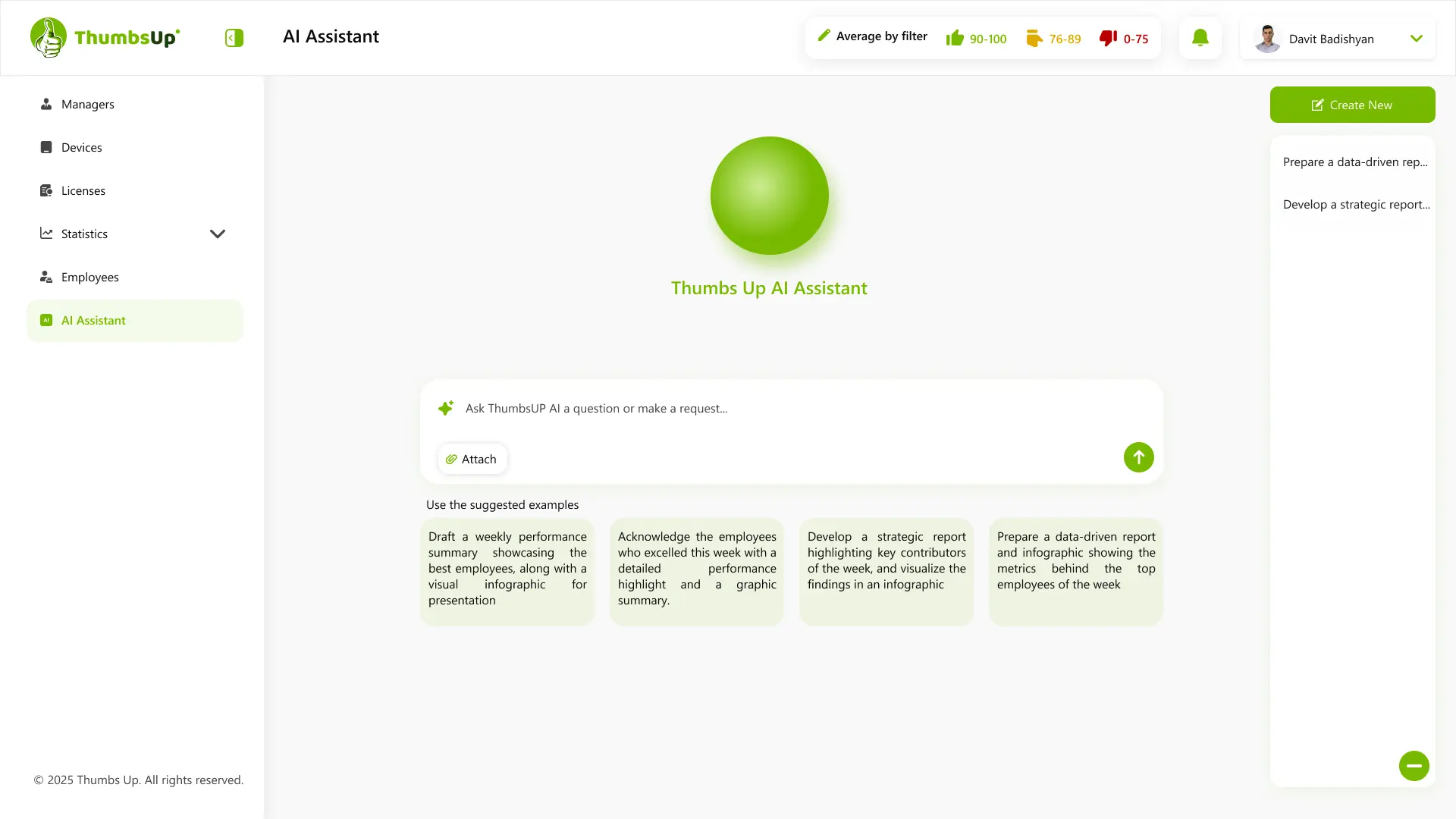 ThumbsUp AI Assistant showing an operational feedback report